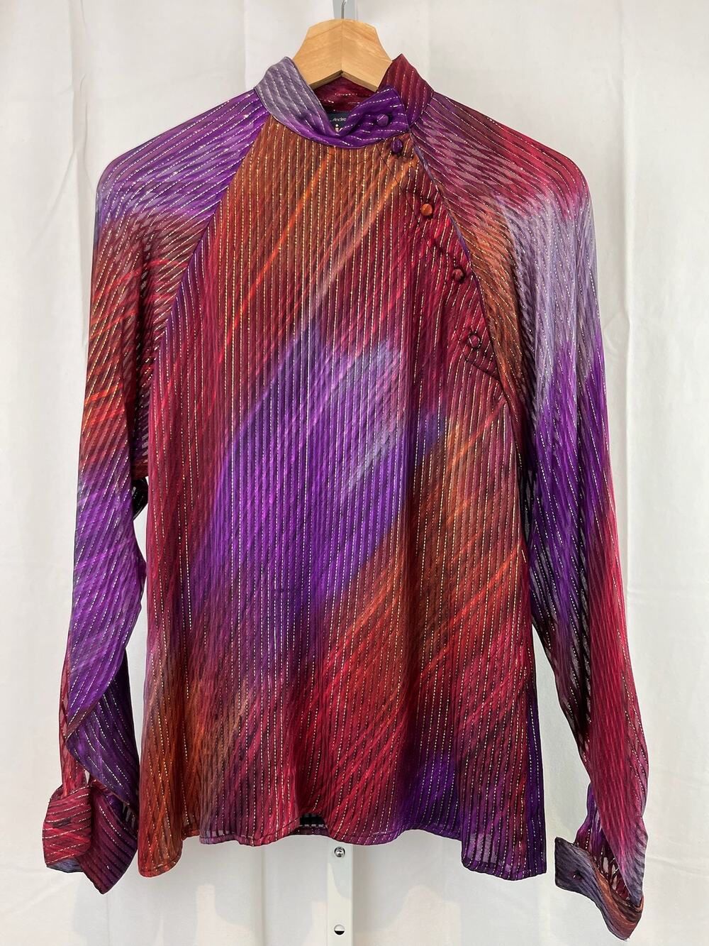 JABE Andrea Behar Blouse Sheer Shimmer Stripe Button Mock Red Purple VTG EST S M